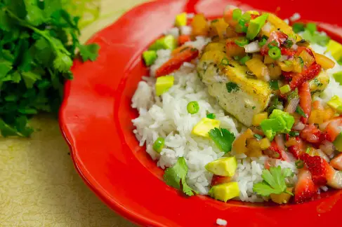 Pan-Seared Halibut with Smoked Jalapeño & Pineapple-Strawberry Salsa