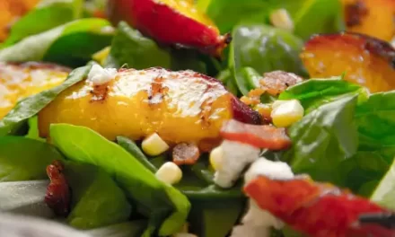Grilled Peach, Bacon, Goat Cheese & Charred Corn Spinach Salad
