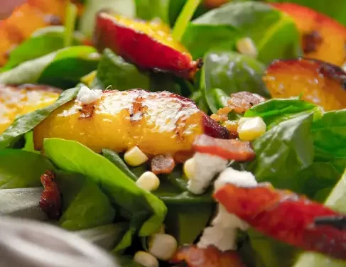 Grilled Peach, Bacon, Goat Cheese & Charred Corn Spinach Salad