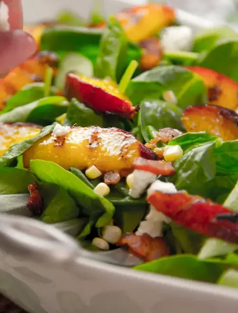 Grilled Peach, Bacon, Goat Cheese & Charred Corn Spinach Salad