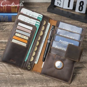 CONTACT'S Genuine Leather Family Passport Clutch Wallets RFID Card Holder AirTag Slot Passport Cover Families Travel Bag Handbag 1