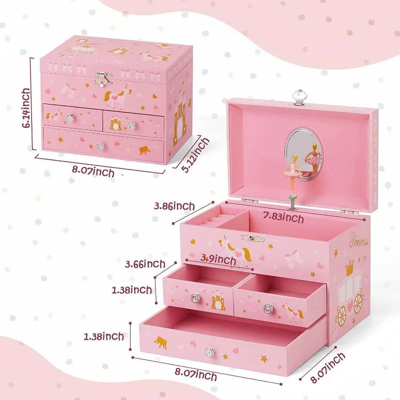 Enlarged Three Draw Unicorn Castle Princess Clockwork Style Music Box for Girls and Children's Jewelry Storage Music Box 4