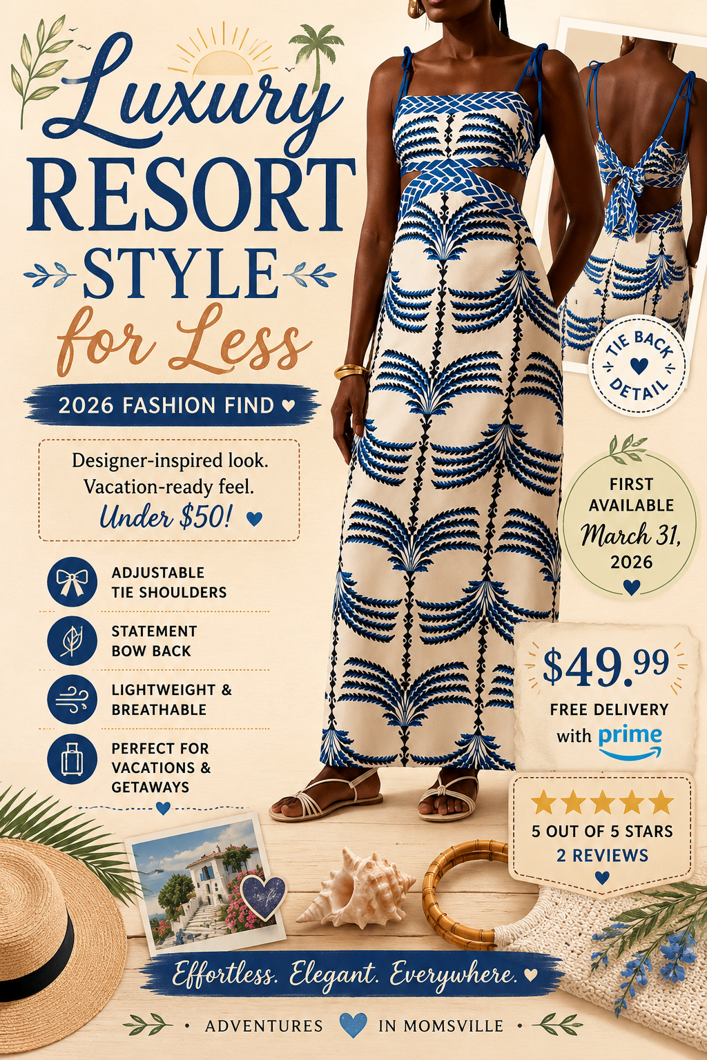 luxury-resort-dress-for-less Model in a cream, floral-embroidered dress set; promotional text includes Summer Dress Set, $52.99, Free Prime delivery, 109 reviews.